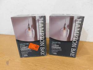 lot 143 image: (2) Hampton Bay Gillian 1-Light Brushed Nickel Cone Mini Pendant with Clear Hammered Glass, Pendant Light for Kitchen