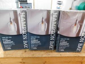 lot 144 image: (3) Hampton Bay Gillian 1-Light Brushed Nickel Cone Mini Pendant with Clear Hammered Glass, Pendant Light for Kitchen