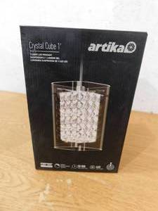 lot 148 image: Artika Crystal Cube 5.5-Watt 1 Light Chrome Modern Integrated LED Mini Pendant Light Fixture for Kitchen Island