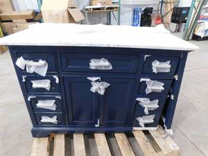 lot 57 image: Home Decorators Collection Windlowe 49 in. Single Sink Navy Blue Bath Vanity with White Carrara White Marble Top (Assembled)