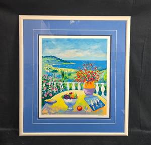 lot 4 image: J. Picot - Signed Framed Serigraph La Terrasse Sur LaBaie Coastal Theme