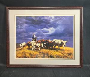 lot 5 image: Framed Western Cowboy and Cattle Artwork by A. Cox Storms Coming