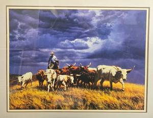 Framed Western Cowboy and Cattle Artwork by A. Cox "Storms Coming"