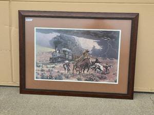 lot 12 image: Jim Jordan Print Giddy-Up Framed Western Artwork Featuring Train and Cattle