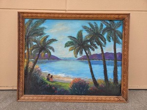 lot 14 image: 1976 Original Oil Painting Seashore and Palms by D. E. Behrends