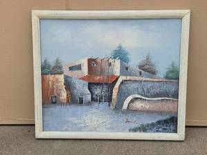 lot 16 image: Original Framed Oil on Canvas Artwork - Abstract Architectural Scene