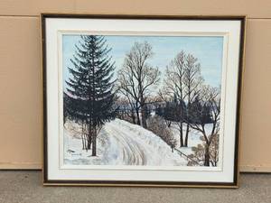 lot 20 image: Framed Winter Road Landscape Oil Painting by Corinne, 1978