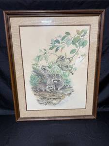 lot 37 image: Framed Raccoon Family Artwork Signed by Artist