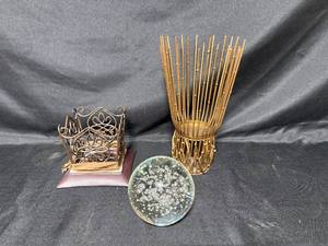lot 40 image: Decorative Collection Wire Basket, Candle Holder & Glass Orb