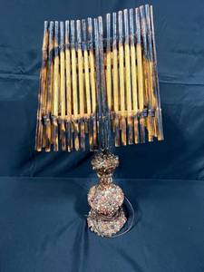lot 41 image: Vintage Wooden and Stone Table Lamp with Unique Shade Design