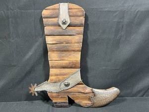 lot 46 image: Wooden Cowboy Boot Wall Decor with Metal Spurs