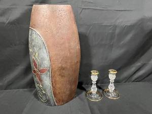 lot 62 image: Decorative Tall Vase and Pair of Crystal Candle Holders