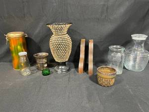 lot 63 image: Collection of Decorative Glass and Ceramic Vases with Wooden Bookends