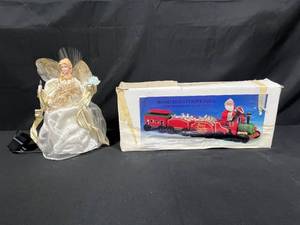 lot 64 image: Lighted Angel Tree Topper and Wood Train Centerpiece