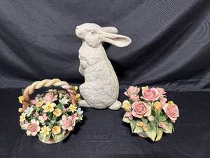 lot 66 image: Set of Ceramic Floral Arrangements with Decorative Rabbit