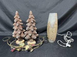 lot 69 image: Decorative Holiday Pine Cone Trees and Frosted Lamp Set