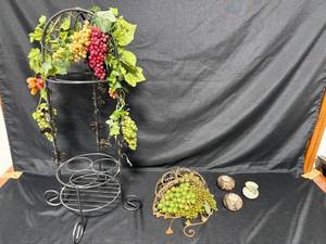 lot 75 image: Wrought Iron Wine Rack and Decor Set with Faux Grapes and Candle Holders