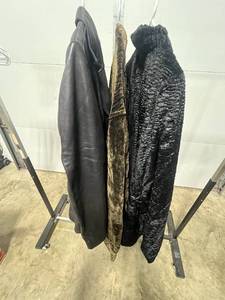 lot 76 image: Set of 3 Vintage Coats Leather, Velvet, and Faux Fur