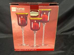 lot 82 image: Ruby Glass Candle Set with Gold Rim