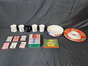 lot 93 image: Collection of Mugs, Bowls, and Playing Cards