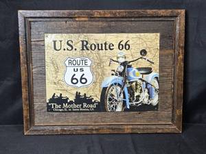 lot 98 image: Framed US Route 66 Vintage Motorcycle Metal Sign