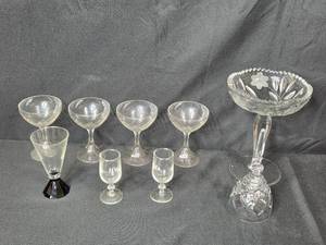 lot 100 image: Collection of Vintage Glassware Pieces Including Goblets and Compote