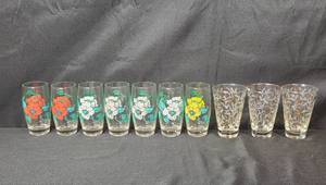 lot 101 image: Set of Vintage Glass Tumblers with Floral and Star Patterns