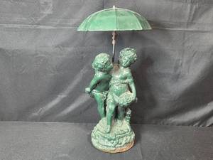lot 110 image: Vintage Cast Iron Cherub Garden Statue with Green Patina and Umbrella