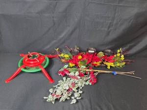 lot 111 image: Christmas Centerpiece Floral Arrangement with Metal Stand and Artificial Plant
