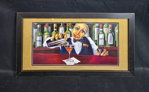 lot 114 image: Framed Bar Scene Artwork by Jack - Bartender with Bottles