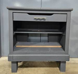 lot 128 image: Vintage Charcoal Gray Side Table with Drawer and Shelf