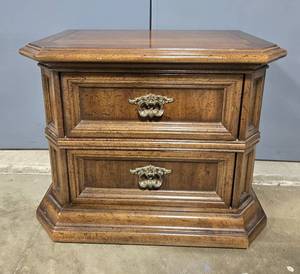 lot 129 image: Vintage Wooden Two-Drawer Nightstand with Brass Handles