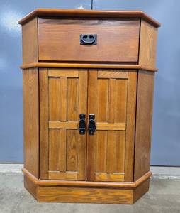 lot 130 image: Corner Wooden Storage Cabinet with Two Shelves and Drawer