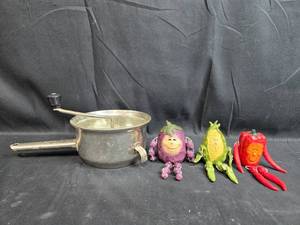 lot 160 image: Set of Vegetable Character Figurines and Metal Saucepan
