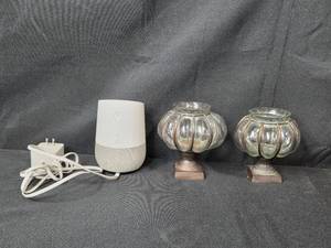 lot 163 image: Set of Glass Candle Holders and Google Home Smart Speaker