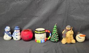 lot 166 image: Holiday Decor Set with Snowmen Salt & Pepper, Mug & Candle Holder