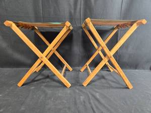 lot 185 image: Pair of Vintage Wooden Folding Stools with Striped Fabric Seat