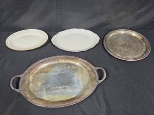 lot 207 image: Set of 4 Vintage Platters Silver Plated Wm Rogers and Porcelain