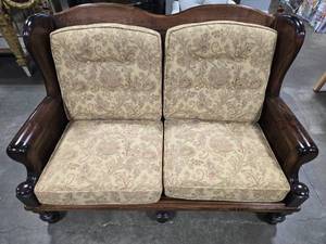 lot 212 image: Ethan Allen Wooden Loveseat with Floral Upholstery