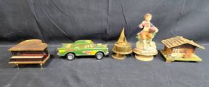 lot 214 image: Set of Vintage Decorative Miniatures Car, Piano, Figurine, Boat, and Chalet