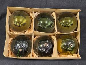 lot 220 image: Box of Vintage Glass Holiday Ornaments with Original Packaging