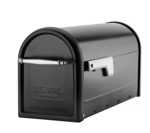 lot 2 image: Architectural Mailboxes Chadwick Black, Medium, Steel, Post Mount Mailbox with Nickel Handle and Flag (open box)