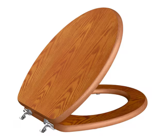lot 17 image: JONES STEPHENS Oak Designer Wood Elongated Toilet Seat with Cover, Chrome Hinges