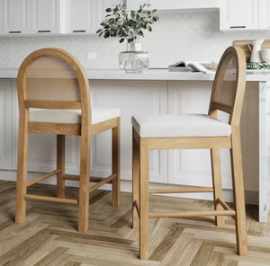 lot 35 image: (Broken, See Pictures & Description) Nathan James Bailey 24 in. Upholstered Boucle Rattan and Wood Counter Height Bar Stool w Woven Back, Cream BoucleBrown, Set of 2