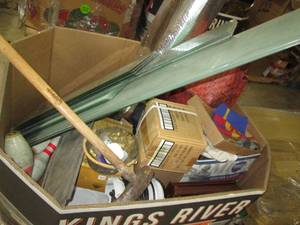 lot 266 image: Pallet of bowling pins, tools, glas...