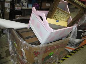lot 267 image: Pallet lot of a trunk, pink doll cr...