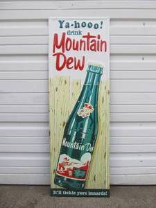 lot 48 image: LARGE Vintage Style Embossed Metal MOUNTAIN DEW Advertising Soda Sign