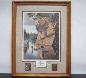 lot 50 image: Framed Signed Numbered Wildlife Print wLoons by Derk Hansen
