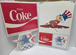 lot 210 image: LARGE Vintage 1984 Coca Cola Advertising Display Signs - LA Olympics - Double Sided