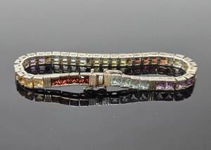 lot 225 image: Sterling Silver & Colorful Gemstone Tennis Bracelet